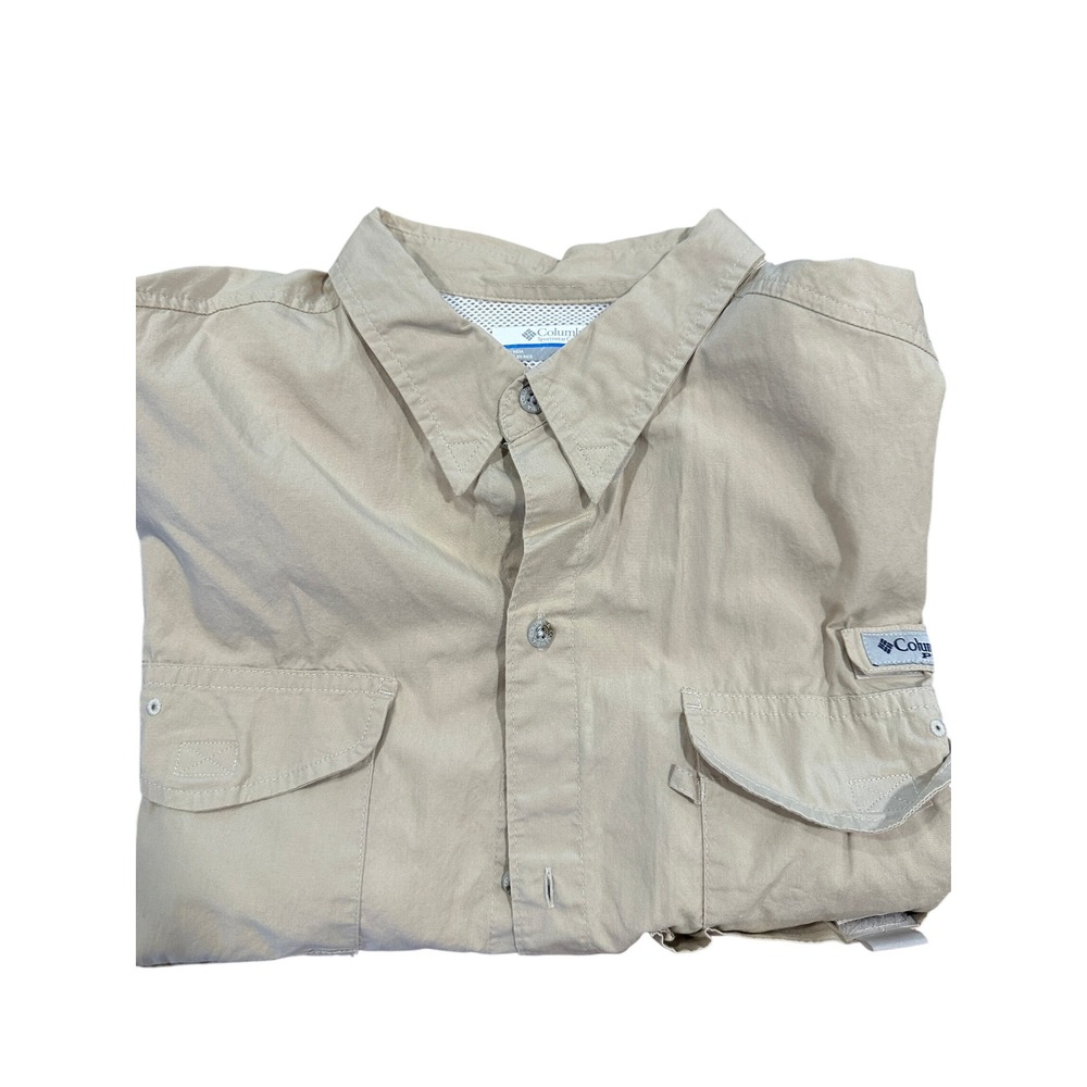 Columbia PFG Mens XL Tan Khaki Short Sleeve Fishing Shirt‎ Button Up Ventilated